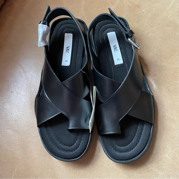 NWT Zara Vibram soled leather sandals lug trek black urban city size 39 - Picture 8 of 12